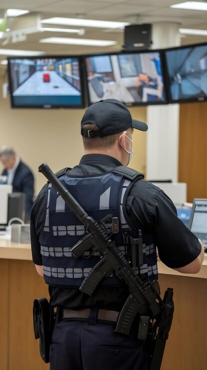 MeridianSecurity armed officer on duty inside a secure facility